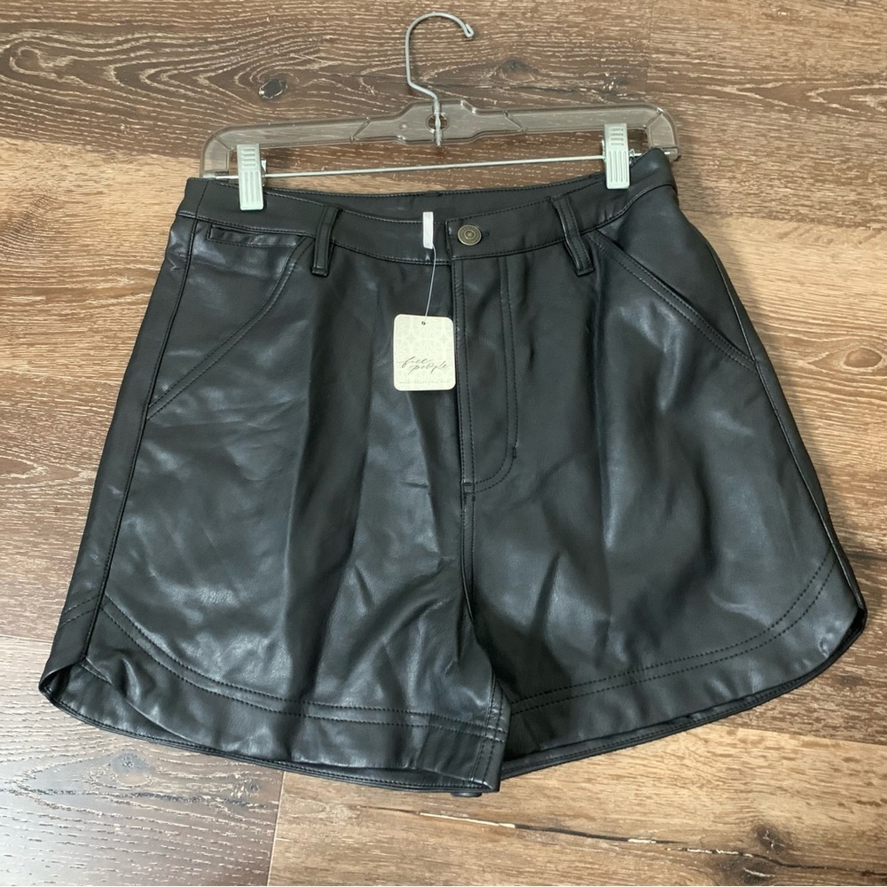 Free People Black High-Waist Faux Leather Shorts with Front Seam